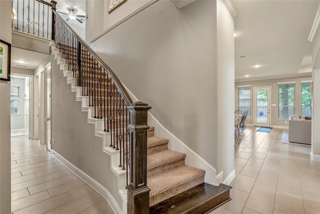 31218 Redwood Manor Ct, Spring, TX 77386 - stairs with tile patterned floors, a ceiling fan, ornamental molding, and recessed lighting