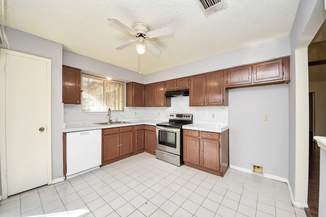 6643 Briar Glade Dr, Houston, TX 77072 - kitchen with stainless steel range with electric stovetop, white dishwasher, under cabinet range hood, light countertops, and ceiling fan