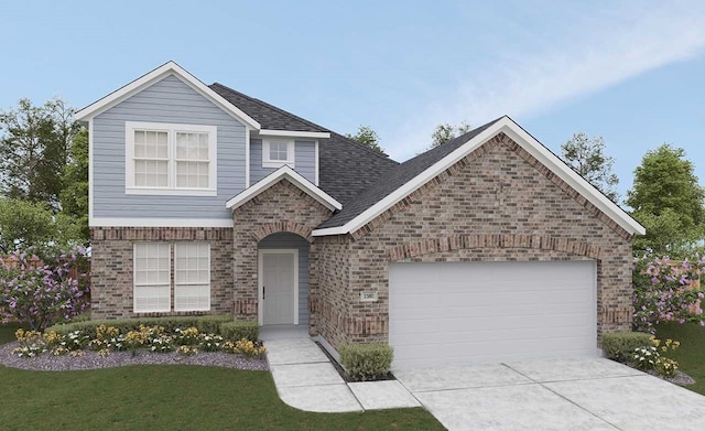 4625 Peony Green Dr, Katy, TX 77493 - view of front of home with brick siding, an attached garage, driveway, a shingled roof, and a front lawn