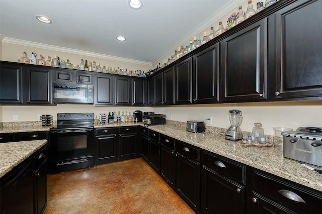 215 Capps Dr, College Station, TX 77845 - kitchen featuring black appliances, dark cabinetry, finished concrete flooring, crown molding, and light stone counters