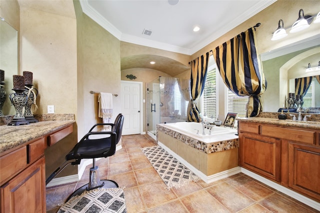 23815 Enchanted Xing, Katy, TX 77494 - full bathroom with healthy amount of natural light, crown molding, a shower stall, a bath, and vanity