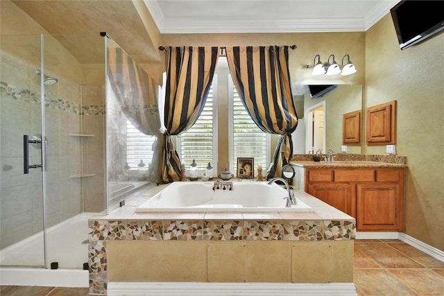 23815 Enchanted Xing, Katy, TX 77494 - full bathroom with ornamental molding, a garden tub, a shower stall, and vanity