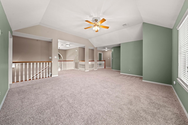 1808 Brookside Dr, Friendswood, TX 77546 - empty room with lofted ceiling, ceiling fan, and carpet flooring