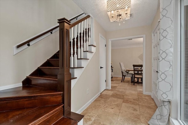 15502 Rana Ct, Houston, TX 77068 - foyer with stairway, a chandelier, and a textured ceiling