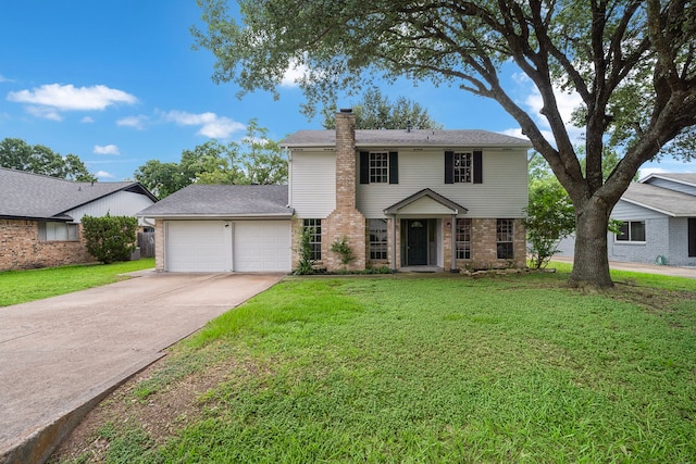 21710 Rotherham Dr, Spring, TX 77388 - view of front of house featuring a chimney, a garage, a front lawn, and concrete driveway