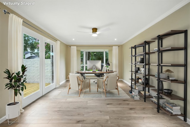 11726 Gardenglen Dr, Houston, TX 77070 - dining room with a desk, a ceiling fan, crown molding, wood finished floors, and recessed lighting