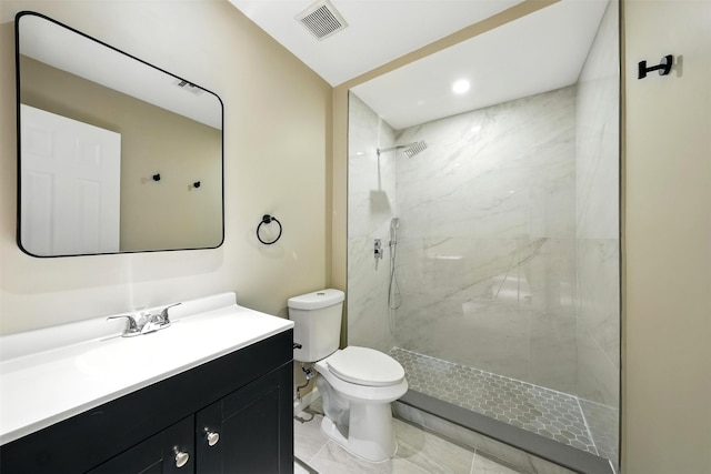11726 Gardenglen Dr, Houston, TX 77070 - bathroom featuring vanity, a marble finish shower, and recessed lighting