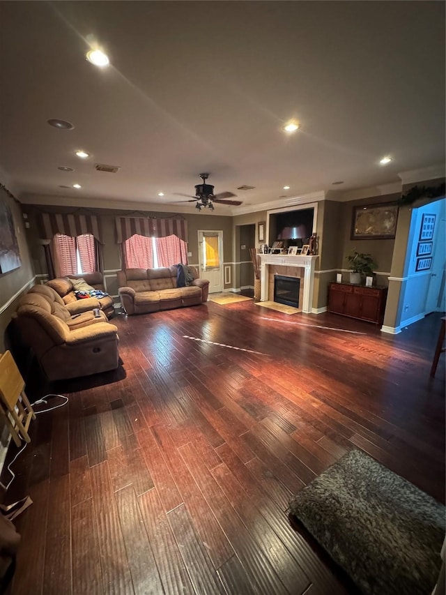 16519 Great Frst, Humble, TX 77346 - living room with a tile fireplace, hardwood / wood-style flooring, ceiling fan, and recessed lighting