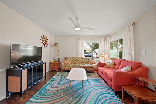5411 Meadow Creek Ln, Houston, TX 77017 - living room featuring dark wood-style flooring and a ceiling fan