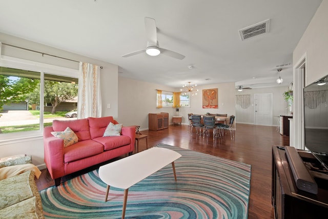 5411 Meadow Creek Ln, Houston, TX 77017 - living room featuring ceiling fan, wood finished floors, and a chandelier