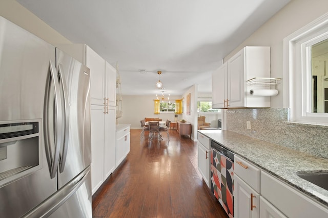 5411 Meadow Creek Ln, Houston, TX 77017 - kitchen featuring stainless steel fridge with ice dispenser, dark wood-style floors, white cabinets, backsplash, and dishwasher