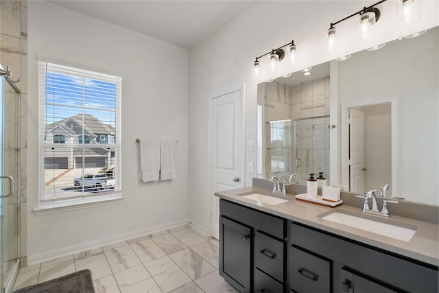 648 Silver Pear Ct, Montgomery, TX 77316 - bathroom featuring marble look tiles, a shower stall, and double vanity