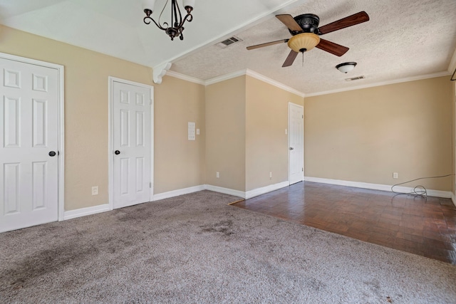 8631 Alcott Dr, Houston, TX 77080 - carpeted spare room with ceiling fan, a textured ceiling, crown molding, and a chandelier