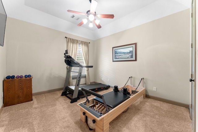 12218 Johns Enterprise Ct, Cypress, TX 77433 - workout area with light carpet and a ceiling fan