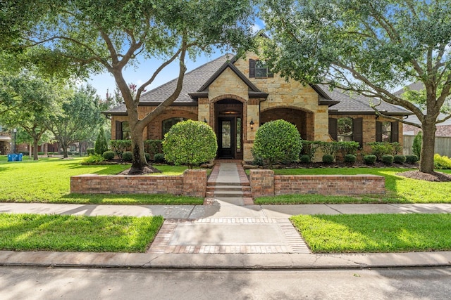 12218 Johns Enterprise Ct, Cypress, TX 77433 - french country inspired facade featuring stone siding, a front lawn, roof with shingles, and brick siding