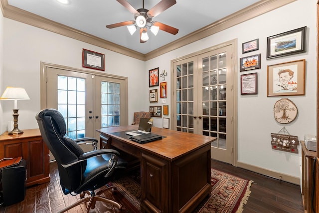 12218 Johns Enterprise Ct, Cypress, TX 77433 - home office with french doors, ornamental molding, a ceiling fan, and dark wood-style floors