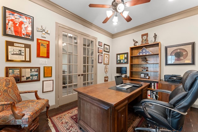 12218 Johns Enterprise Ct, Cypress, TX 77433 - office space with french doors, ornamental molding, dark wood-style floors, a ceiling fan, and recessed lighting