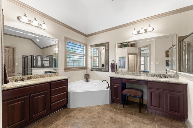 12218 Johns Enterprise Ct, Cypress, TX 77433 - bathroom featuring a shower stall, two vanities, a bath, lofted ceiling, and ornamental molding