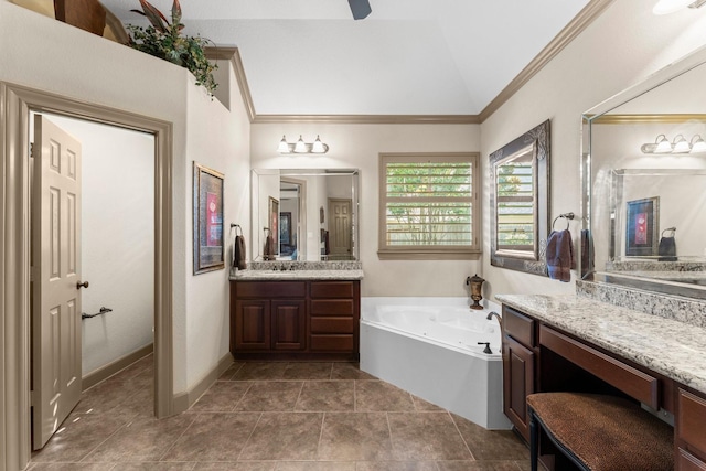 12218 Johns Enterprise Ct, Cypress, TX 77433 - full bathroom featuring vaulted ceiling, a whirlpool tub, crown molding, and two vanities
