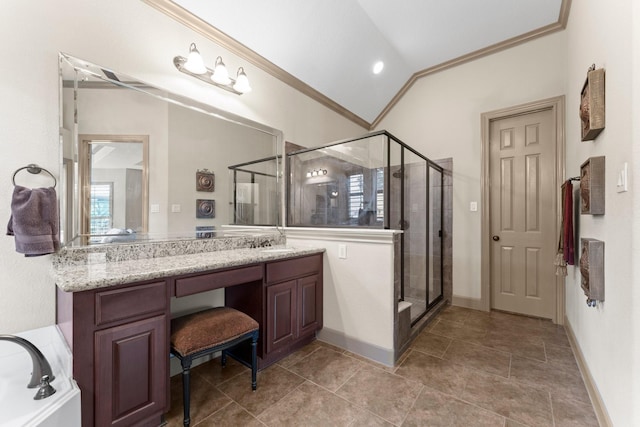12218 Johns Enterprise Ct, Cypress, TX 77433 - full bath featuring vanity, a stall shower, vaulted ceiling, ornamental molding, and a bathtub