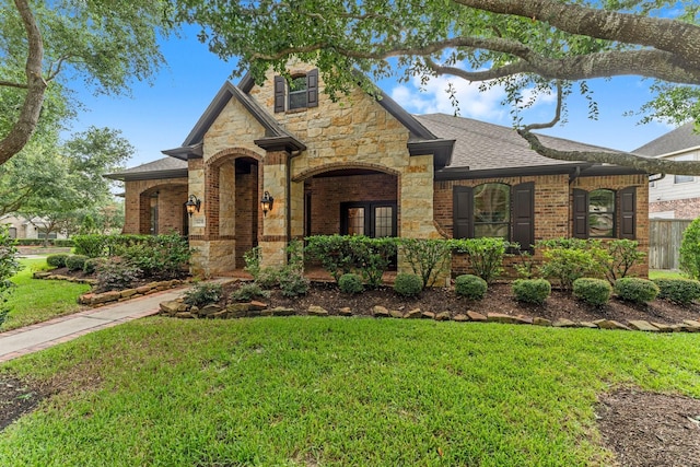 12218 Johns Enterprise Ct, Cypress, TX 77433 - view of front of house featuring a front lawn, stone siding, brick siding, and a shingled roof