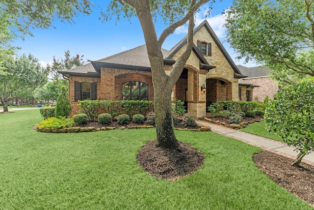 12218 Johns Enterprise Ct, Cypress, TX 77433 - french provincial home with brick siding, a front lawn, a shingled roof, and stone siding