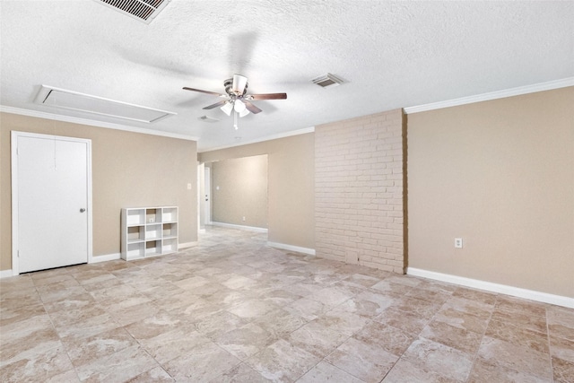 16107 Holly St, Porter, TX 77365 - empty room featuring attic access, ceiling fan, ornamental molding, and a textured ceiling