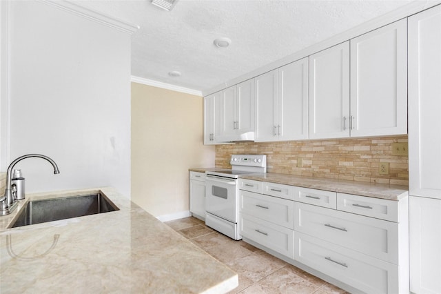 16107 Holly St, Porter, TX 77365 - kitchen featuring electric range, ornamental molding, tasteful backsplash, white cabinetry, and light stone countertops