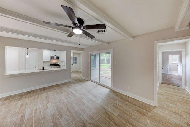 8822 Rowan Ln, Houston, TX 77036 - unfurnished living room with light wood-style floors, beamed ceiling, and a ceiling fan