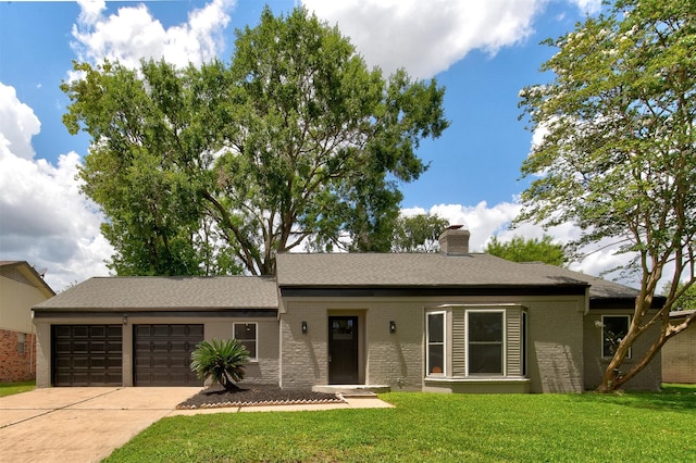 8822 Rowan Ln, Houston, TX 77036 - ranch-style house featuring an attached garage, concrete driveway, a front yard, brick siding, and a chimney