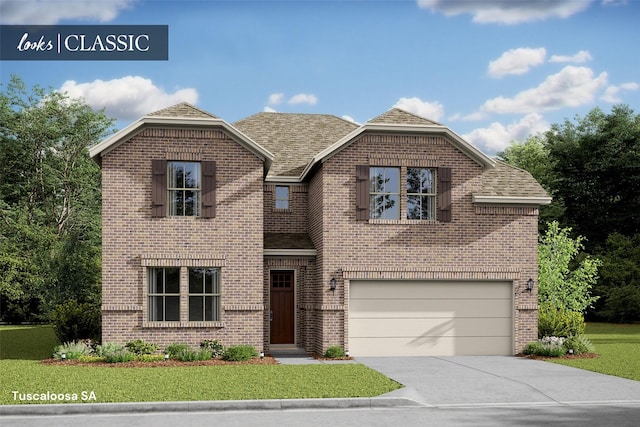 902 Hooks Trl, League City, TX 77573 - view of front of property with a garage, brick siding, concrete driveway, a front yard, and a shingled roof
