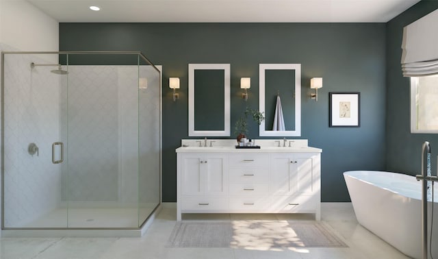 902 Hooks Trl, League City, TX 77573 - bathroom featuring double vanity, a freestanding bath, a shower stall, and tile patterned floors