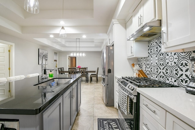 910 11th St, South Houston, TX 77587 - kitchen featuring appliances with stainless steel finishes, a tray ceiling, under cabinet range hood, decorative backsplash, and white cabinets