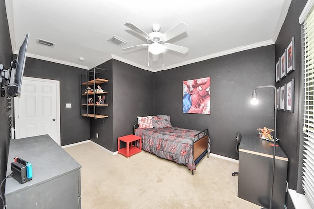 3214 Oak Park Ln, Missouri City, TX 77459 - bedroom with carpet, ornamental molding, and ceiling fan