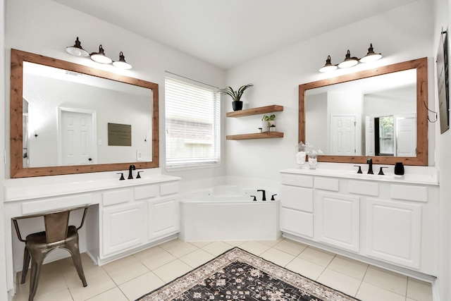3214 Oak Park Ln, Missouri City, TX 77459 - bathroom with a garden tub, tile patterned flooring, and two vanities