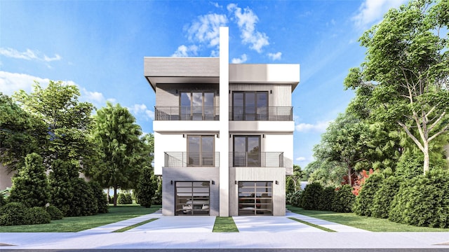 310 Hogan St, Houston, TX 77009 - modern home featuring concrete driveway, stucco siding, a balcony, an attached garage, and a front yard