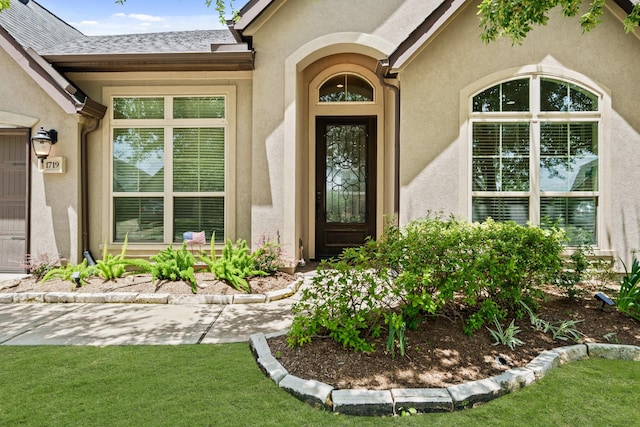 1719 Quail Ridge Dr, Katy, TX 77493 - property entrance with stucco siding, a shingled roof, and a lawn