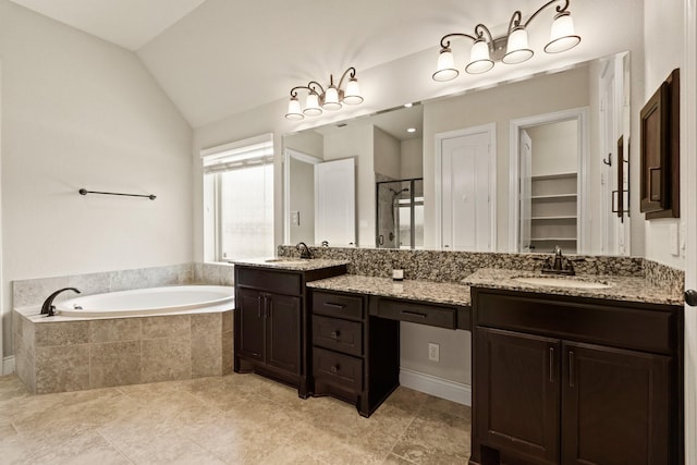 1719 Quail Ridge Dr, Katy, TX 77493 - bathroom with a shower stall, a bath, vanity, and vaulted ceiling