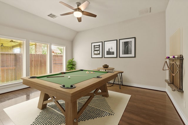 1719 Quail Ridge Dr, Katy, TX 77493 - game room featuring ceiling fan, vaulted ceiling, billiards, and wood finished floors