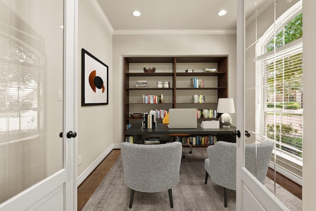 1719 Quail Ridge Dr, Katy, TX 77493 - office area featuring crown molding, french doors, dark wood-style floors, and recessed lighting