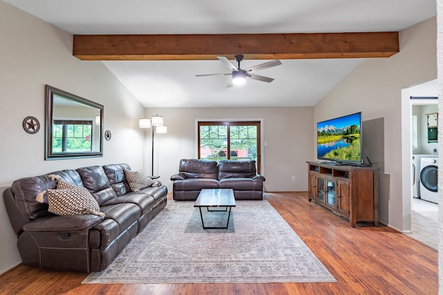 4205 Wade Rd, Brookshire, TX 77423 - living room with ceiling fan, washer / dryer, and wood finished floors