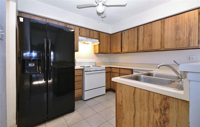 13002 Leader Unit 906, Houston, TX 77072 - kitchen with black refrigerator with ice dispenser, white stove, brown cabinets, under cabinet range hood, and a ceiling fan