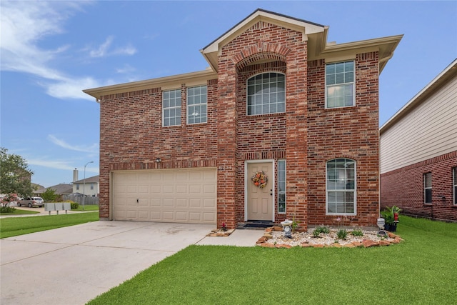 8234 Nagy Hill St, Spring, TX 77379 - traditional home with brick siding, an attached garage, a front lawn, and driveway
