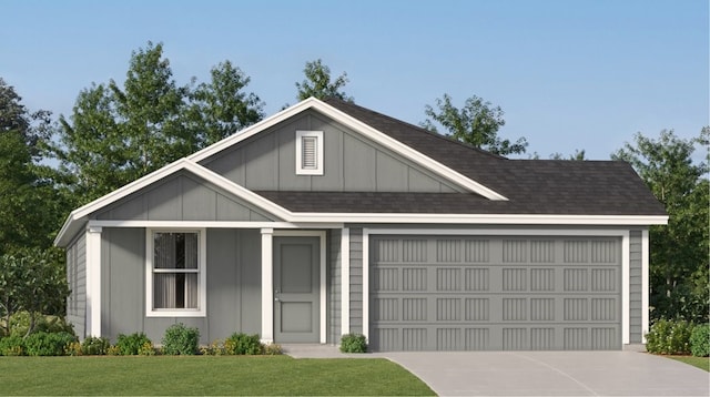 433 Tejas Trl, Waller, TX 77484 - view of front of house featuring an attached garage, concrete driveway, a front lawn, board and batten siding, and a shingled roof