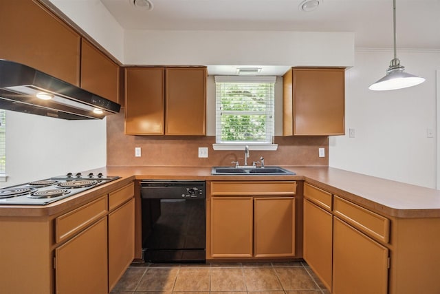 7539 Jason St, Houston, TX 77074 - kitchen featuring black appliances, exhaust hood, a peninsula, backsplash, and hanging light fixtures
