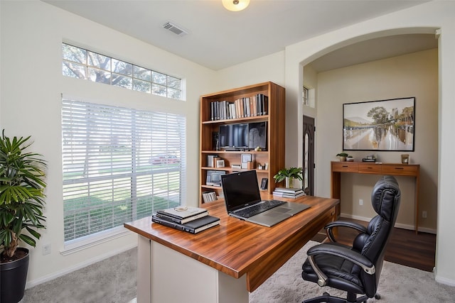 21335 Riverside Ridge Ln, Katy, TX 77449 - office featuring arched walkways, healthy amount of natural light, and light colored carpet