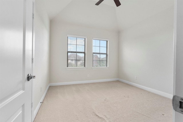 6126 Garden Lakes Ln, Sugar Land, TX 77479 - empty room featuring light carpet, ceiling fan, and vaulted ceiling