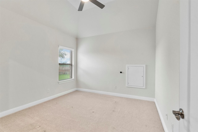 6126 Garden Lakes Ln, Sugar Land, TX 77479 - empty room with light colored carpet, a ceiling fan, and high vaulted ceiling