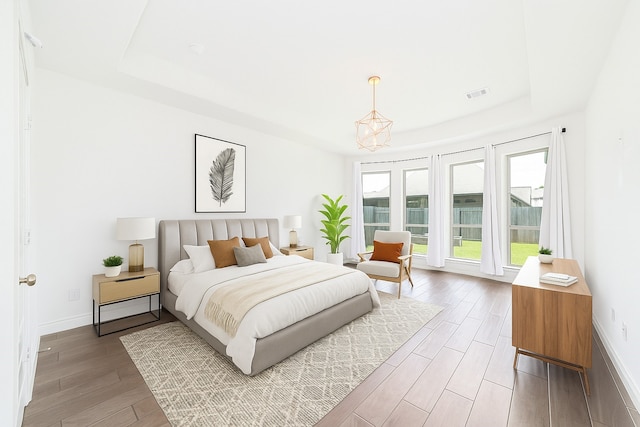 13731 Pedernales Ct, Cypress, TX 77429 - bedroom featuring a raised ceiling, light wood-style flooring, and a chandelier