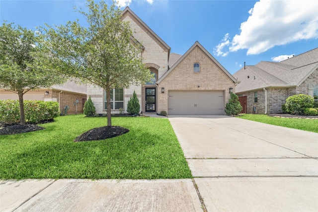 13731 Pedernales Ct, Cypress, TX 77429 - french country style house featuring concrete driveway, brick siding, a front lawn, and an attached garage